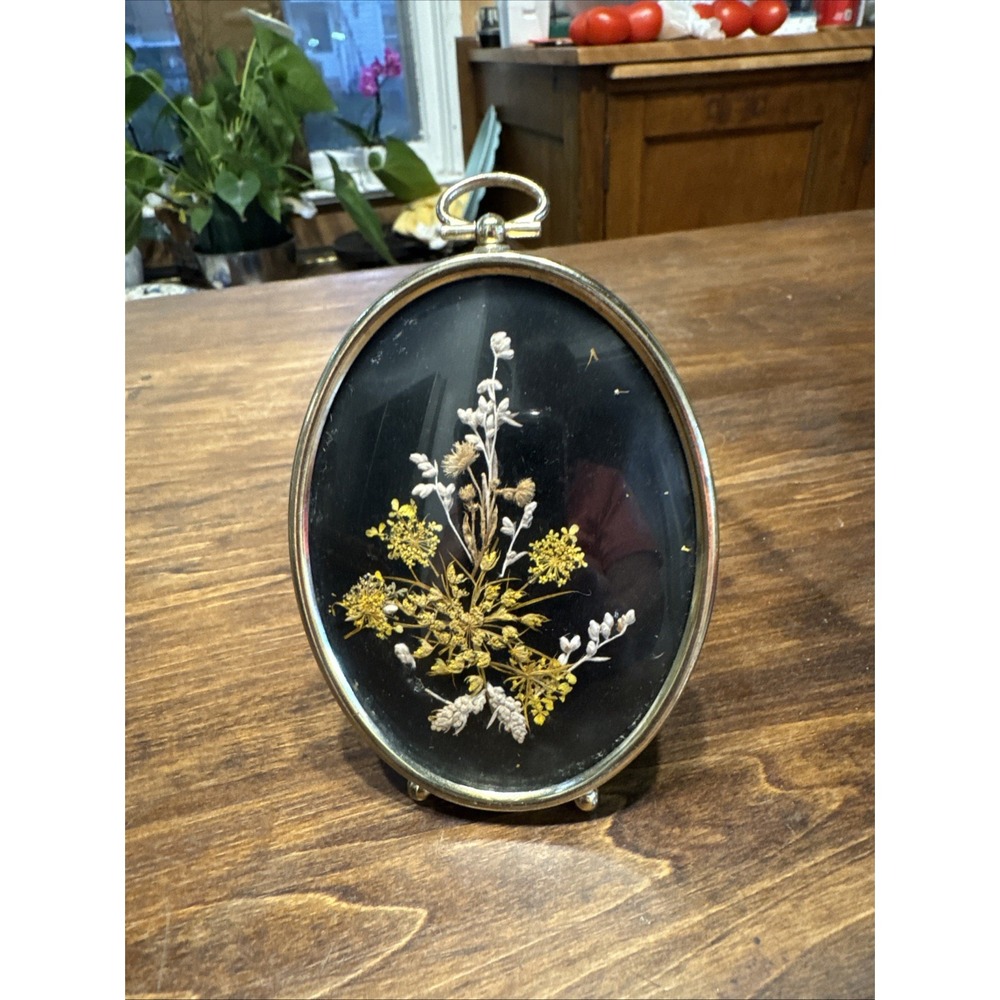 Vintage Gold Tone Small Oval Frame White Pressed Flower Art By Harriet Webber